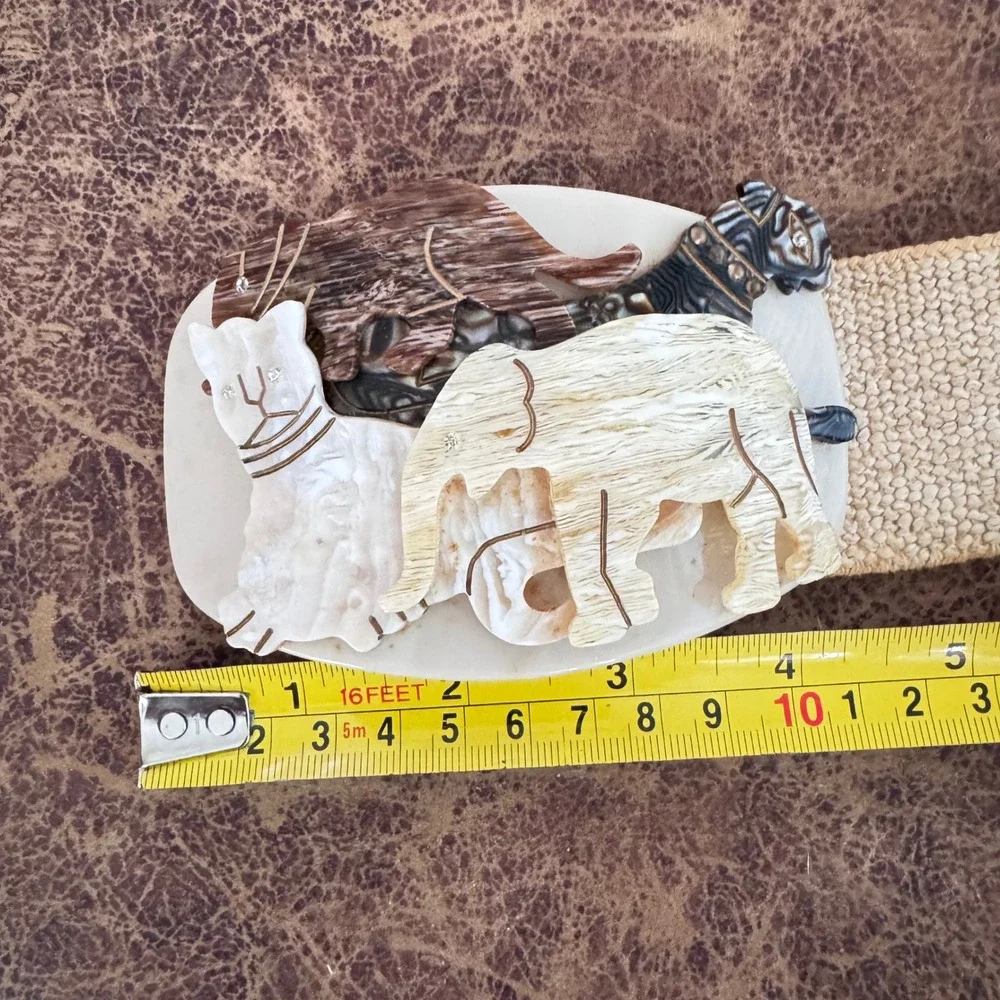 Vintage‎ Resin Animal Carved Rhinestone Eyes Belt Old Elastic Woven Waistband M